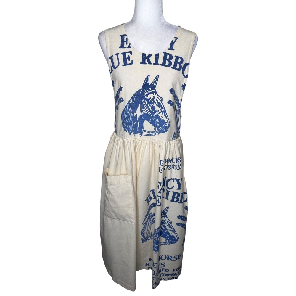 Feed Sack Dress Medium Blue Ribbon Horse Flour Upcycled Cottagecore Farmcore - Picture 2 of 16